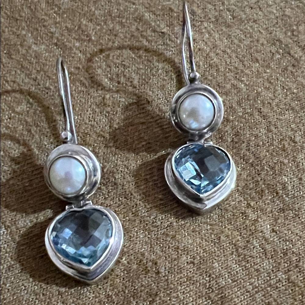 AQUAMARINE, PEARL, AND STERLING SILVER HINGED VINTAGE EARRINGS